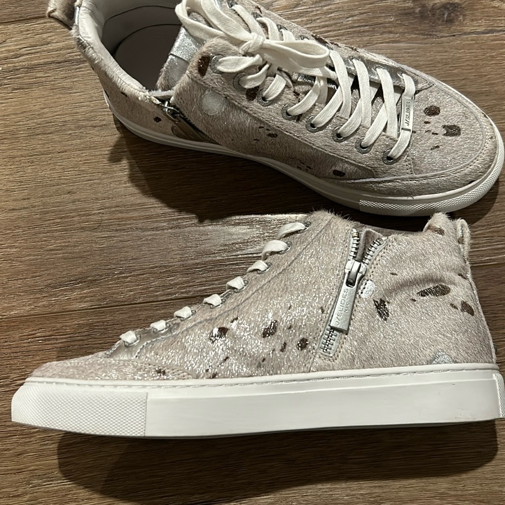 J Slides brand high top leather sneaker